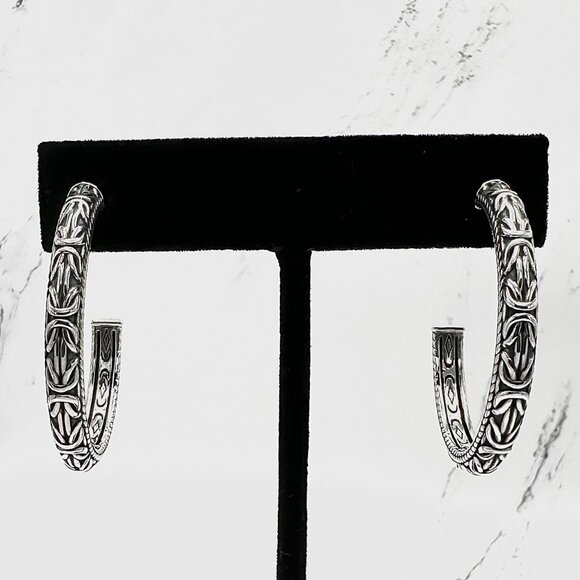 JAI by John Hardy 925 Sterling Silver 1-1/2" Carved Byzantine Hoop Earrings - Picture 1 of 6